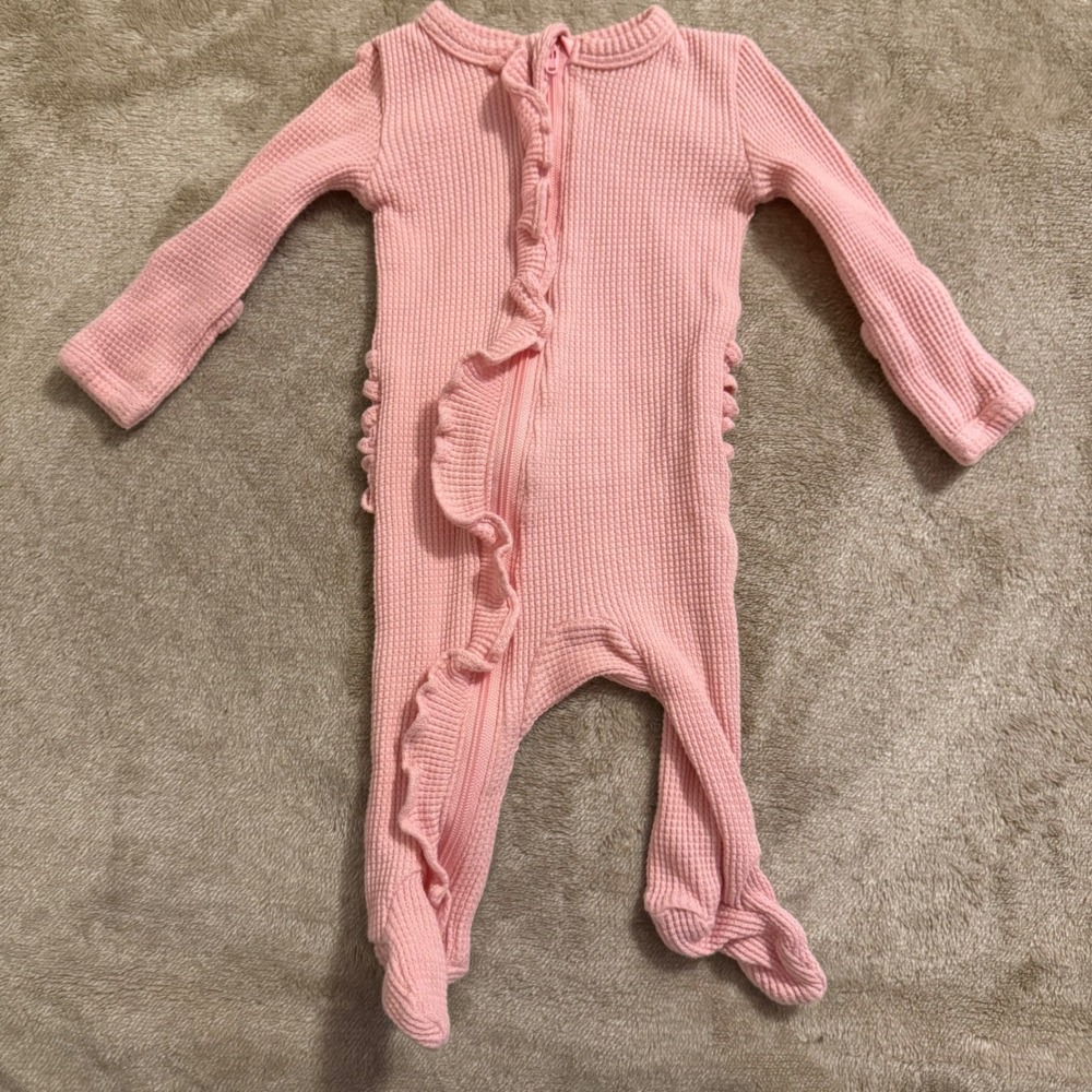 Spearmint Love Newborn Pink Waffle Knit Organic Cotton Ruffle Zipper Footie